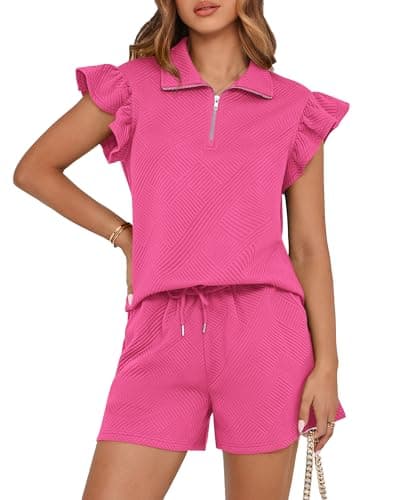 BTFBM Womens 2 Piece Outfits Spring Sweatsuit Zipper V Neck Casual Ruffle Cap Sleeve Tops Drawstring Shorts Lounge Sets(Rose Red, X-Large) - Image 1