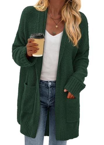 KIRUNDO Cardigan Sweaters for Women 2026 Fall Chunky Fuzzy Knit Open Front Loose Long Sleeve Sweater Coats Winter Clothing(Dark Green, Medium) - Image 1