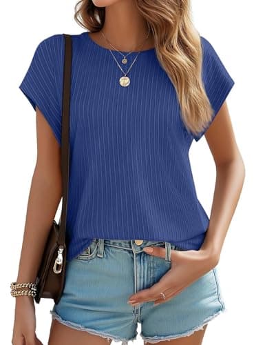 JUSTFASHIONNOW Short Sleeve Blouses for Women Business Casual Shirts Crew Work Tops Neck Basic Tees Textured Cute Office Outfits(Blue,S) - Image 1