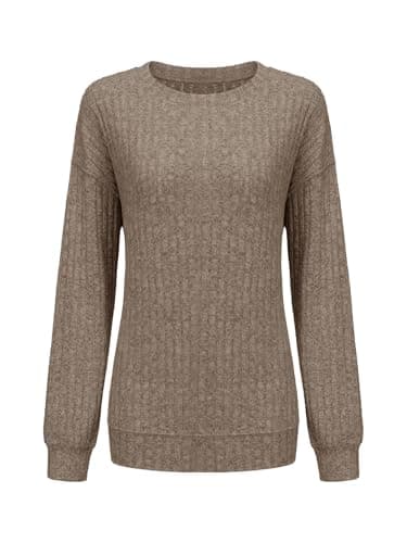 STOLKISS Women's Casual Long Sleeve Sweatshirt Crew Neck Cute Pullover Relaxed Fit Fall Winter Tops Ribbed Soft Pullover Brown - Image 1
