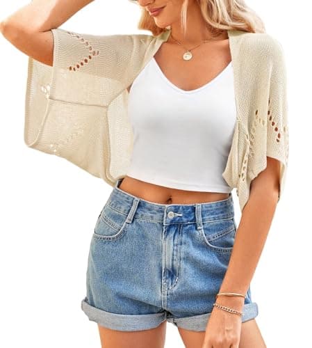BB&KK Summer Crochet Sweaters for Women Shrug Hollow-Out Batwing Short Sleeve Lightweight Knit Tops Bolero Cardigans Ivory XL - Image 1