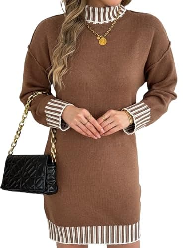 HEBELD Turtleneck Sweater Dress for Women Long Sleeve Color Block Short Knit Dresses for Fall Winter Casual, Coffee, X-Large - Image 1