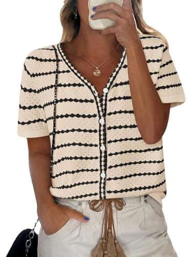 NALANISA Women's Summer Button Down Striped Shirts Casual Short Sleeve V Neck Crochet Knit Blouse Tops Lightweight Cardigans (Apricot,XXL) - Image 1