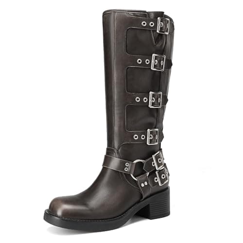 Athlefit Knee High Riding Boots for Women Fashion Buckle Square Toe Chunky Heel Wide Calf Biker Boots Dark Brown Size 8.5 - Image 1
