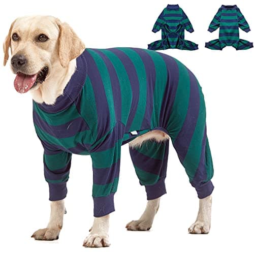 LovinPet Large Dog Pajamas Bodysuit, Lightweight Stretchy Knit Pullover Dog Onesie, Pet Pajamas for Dogs, Green and Black Stripe Print Dog Shirt, UV Protection, Stop Shedding for Dogs, Pet PJ's, L - Image 1