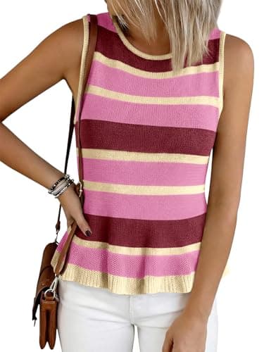 Cicy Bell Womens Striped Sweater Vest Summer Casual Sleeveless Ruffle Knit Tank Tops Crew Neck Lightweight Shirts Pink - Image 1