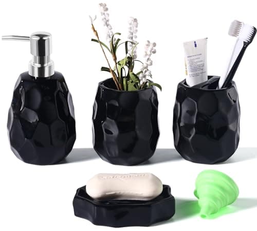 Ceramic Bathroom Accessories Set 4 PCS,Bathroom Toothbrush Holder Set,Soap and Toothbrush Holder Set,Include Toothbrush Holder,Soap Dispenser,Soap Dish,Tumbler,Bathroom Sets Decor Organizer (Black) - Image 1