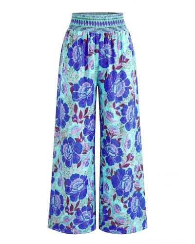 BTFBM Wide Leg Pants Woman 2026 Summer Smocked Waist Floral Pant Resort Wear Spring Beach Vacation Clothes for Women(Blue, X-Large) - Image 1