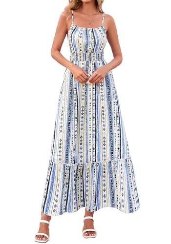 BTFBM Summer Dresses for Women 2026 Sleeveless Spaghetti Strap High Waist Boho Beach Vacation Clothes Spring Maxi Dress(Print Blue Apricot, XX-Large) - Image 1
