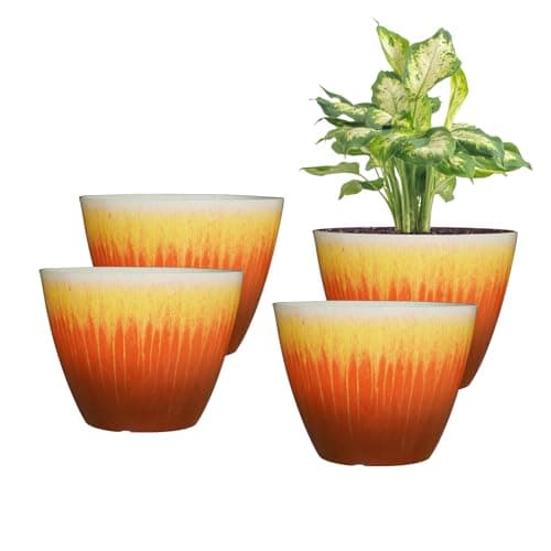 LESOASIS Plant Pots Pack of 4, 8 inch Plastic Flower Pots, Modern Glossy Finishing Planter for Indoor Outdoor Plants (Orange Glaze, 4 Pack) - Image 1