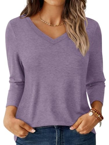 GKBK Womens Tops 3/4 Sleeve Shirts V Neck Casual Blouses Basic Loose Fit Pullover Tshirts Light Purple XL - Image 1