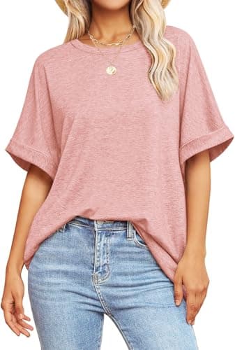 GKBK Womens Oversized T Shirts Crew Neck Short Sleeve Tops Spring Summer Business Dressy Casual Loose Fit Workout Work Basic Tee Shirt 2026 Beach Vacation Trendy Fashion Clothes Outfit Pink M - Image 1