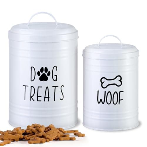 Dog Treat Container Airtight, Dog Treat Jar Set of 2 with Lid - 9x5.5''&7x4'' Metal Dog Cookie Jar for Farmhouse Kitchen Counter, White Pet Treat Container, Dog Treat Storage Container for Dogs, Cats - Image 1