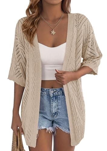 PRETTYGARDEN Women's Lightweight Summer Cardigans 2026 Short Sleeve Knit Crochet Coverups Spring Boho Beach Vacation Clothes (Light Khaki,X-Large) - Image 1