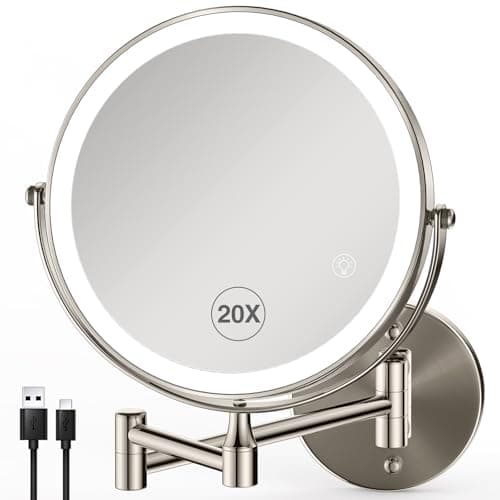 GREENFROM 8.5 Inch Magnifying Mirror with Lights, Wall Mounted Makeup Mirror, Dual-Sided 1X/20X, Bright LED Lighting, Space-Saving Design for Bathroom & Vanity, Brushed Nickel - Image 1