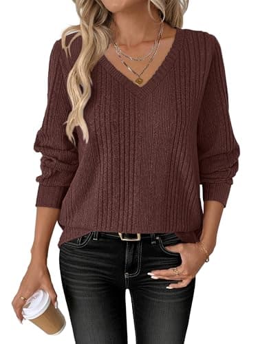 ANRABESS Womens V Neck Sweaters 2025 Fall Long Sleeve Shirts Lightweight Ribbed Knit Basic Casual Office Work Tunic Tops Deep Brown Medium - Image 1