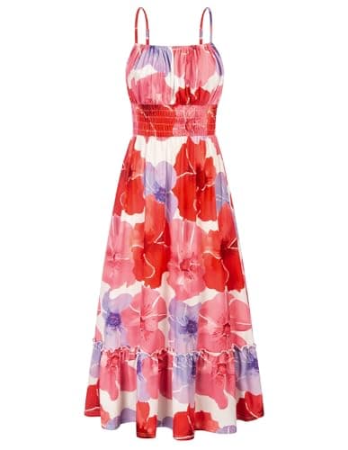 Women's Floral Summer Dress 2025 Spaghetti Strap Sleeveless Ruffle Hem Flowy Boho Maxi Dresses Red Floral S - Image 1