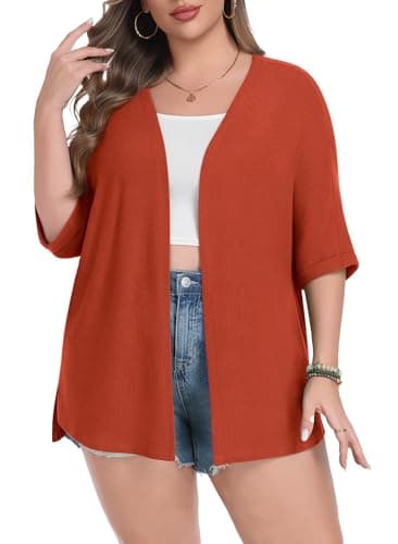 Lastshe Womens Plus Size Cardigan Rolled Short Sleeve Lightweight Split Hem Sweaters Cardigan Wrap,Orange,4X - Image 1
