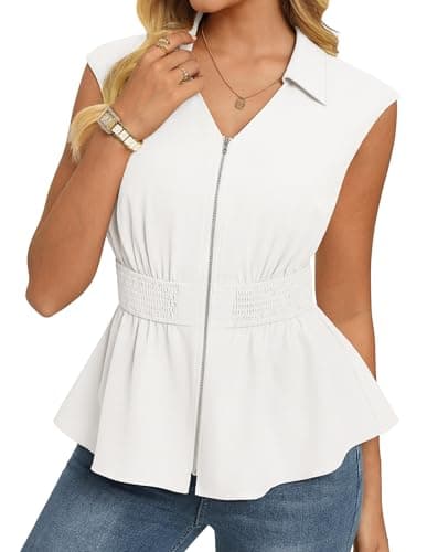 GRACE KARIN Womens Peplum Tops Business Casual,Short Sleeve Work Blouses Summer,Zipper V Neck Shirts Cinched Smocked Waist, White, Small - Image 1