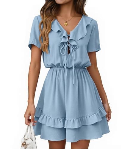 Angashion Womens Tie Front Mini Dress: V Neck Long Sleeve Layer Ruffle Hem Dress with Pockets 2491Light Blue X-Large - Image 1