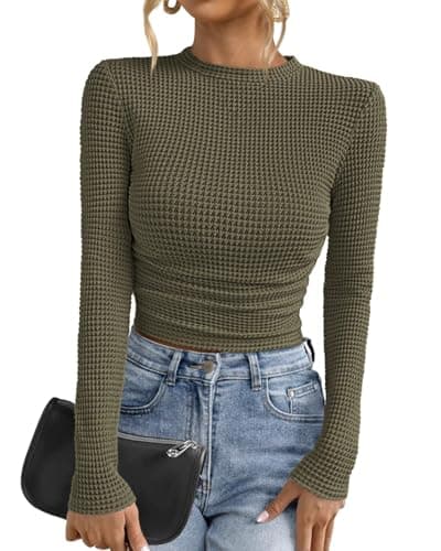 PRETTYGARDEN Womens Tops 2026 Spring Long Sleeve Fitted T Shirts Waffle Ruched Crop Shirt Basic Knit Workout Y2k Clothes(Army Green,Medium) - Image 1