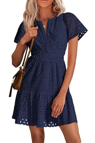 PRETTYGARDEN Womens 2025 Summer Short Dress V Neck Short Sleeve A Line Hollow Out Lace Ruffle Cute Casual Beach Party Dresses (Navy,Large) - Image 1