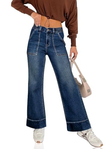 YABNILL Women's High Waisted Wide Leg Jeans Casual Stretchy Sweat Pant Denim Pants with Pockets Trendy 2025 Fall Dark Blue - Image 1