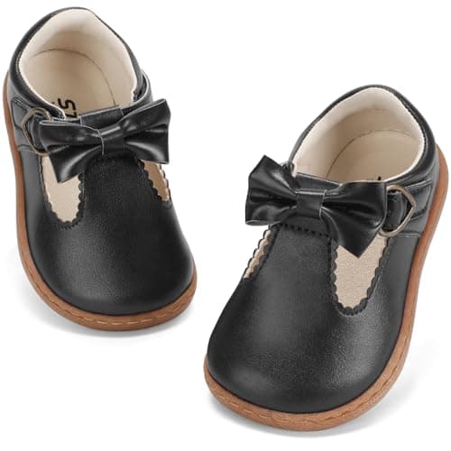 STQ Toddler Girls Dress Shoes Wide Toe Box Mary Jane Flats Ballet Wedding School Uniform Flower Ballerina Baby First Walking 6-12 12-18 Months Babies Casual with Zero Drop Black Infant Size 4 - Image 1