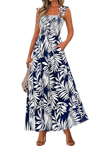 PRETTYGARDEN Womens Summer Dresses Floral Sleeveless Smocked Maxi Dress Boho Spaghetti Strap A Line Flowy Beach Long Sundress(Floral Navy,X-Large) - Image 1