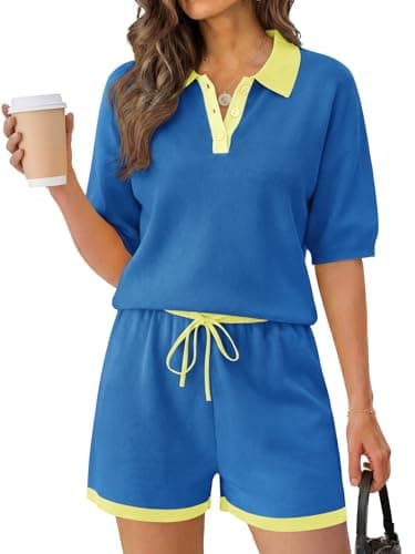Tankaneo Womens 2 Piece Sweater Short Sets 2026 Summer Vacation Outfits Short Sleeve Knit Collared Tops Matching Lounge Set - Image 1