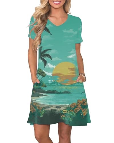 COSSEN Women's Casual T Shirt Dress Green Trees XX-Large V-Neck Short Sleeves Swing Dresses Birthday Party Summer Travel Beach with Pocket - Image 1