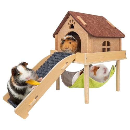 BESNEW 3 in 1 Enlarged Guinea Pig Hammock,Wooden Guinea Pig Hideout with House & Platform & Stairs Small Animal Toys for Hiding Sleeping Activities - Image 1