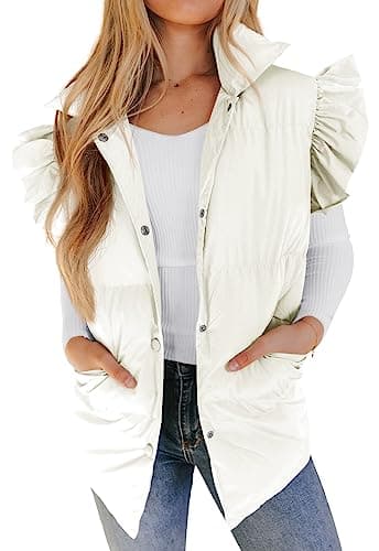 Valphsio Women's Puffer Vests Ruffle Sleeve Winter Button Down Padded Gilet with Pockets - Image 1