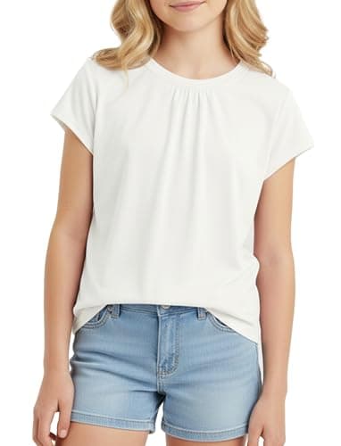 PATPAT Girls Pleated Short Sleeve Shirts Size 13-14 Years White Summer Pain Crewneck T-Shirt Teen Girl Casual Preppy Fashion Tops Tees - Image 1