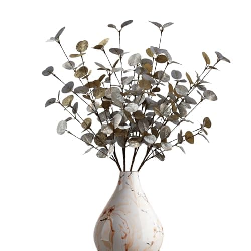 siqifloral 4PCS 24" Silver Gold Artificial Eucalyptus Stems – Metallic Faux Eucalyptus Leaves for Christmas Table Centerpiece, Holiday Vase Decoration & Home Decor - Image 1