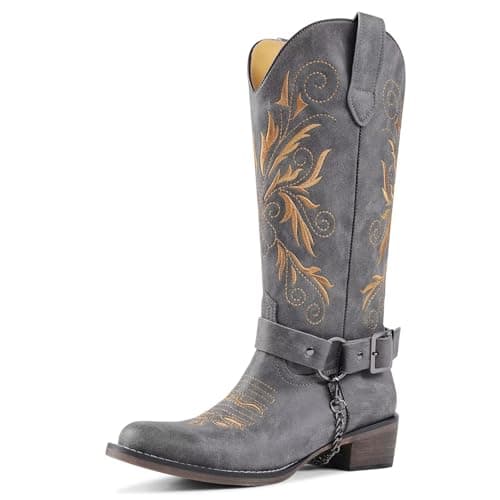 GPXGPX Cowboy Boots Embroidered Cowgirl Boots Women Mid Calf, With Removable Belt Low Block Heel Round Toe Western Boots Gray 6.5 - Image 1