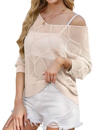 HUSKARY Womens Tops 2026 Trendy Spring Summer Crochet Hollow Out 3/4 Batwing Sleeve Off Shoulder T-Shirts Casual V Neck Loose Beach Pullover Cover Ups - Image 1