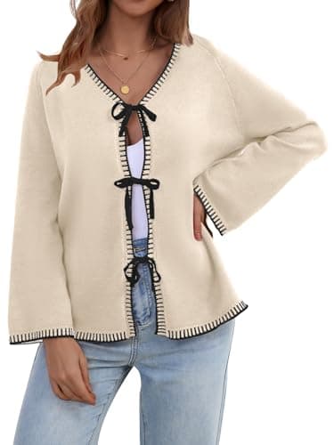 JUYUEO Womens Cardigan Sweater Trendy Long Sleeve V Neck Chunky Open Front Bow Tie Sweater Fall Outwear Beige M - Image 1
