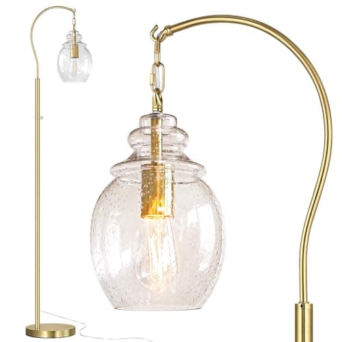 QiMH Gold Floor Lamps for Living Room, Modern Standing Lamp for Bedroom, 70" Tall Lamp for Corner, Arc Floor Lamp with Seeded Glass Lamp Shade, Dimmable Floor Lamp for Reading Office Nursery - Image 1