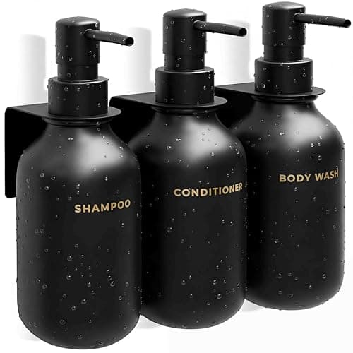 Black Soap Dispenser Set for Bathroom and Kitchen – 3-Packs Refillable Bottle Set, Soft Touch Pump Bottles Wall Mount Hooks Stickers Glue with Vanity Sink Placement Modern Design - Image 1