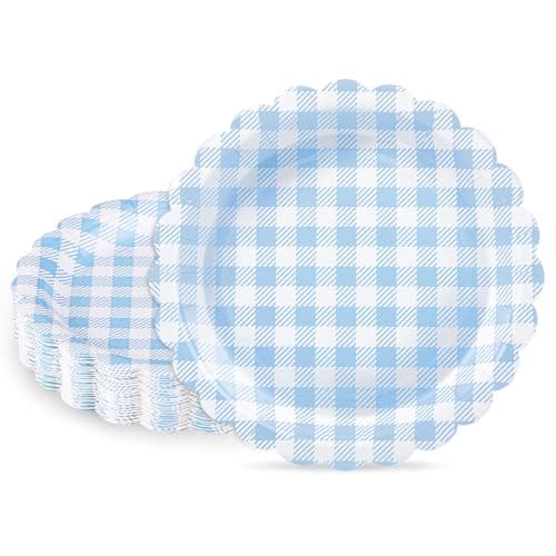 NatNarr 30 Pcs Light Blue Gingham Plates, 7 Inch Scalloped Plaid Camping Dessert Dinner Party Plates Blue and White Gingham Party Supplies for Boy Baby Shower, Wedding, Birthday