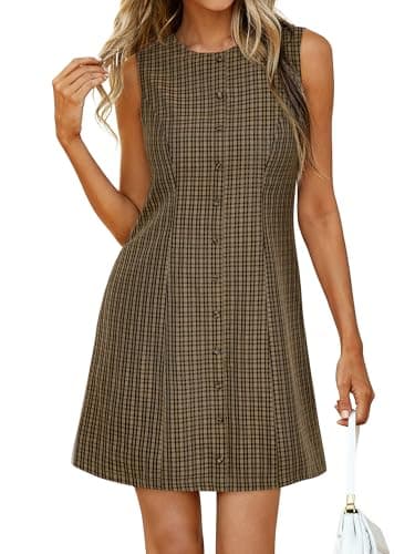 BTFBM Womens Summer Dress 2026 Spring Plaid Crew Neck Sleeveless Button Bodycon Mini Vintage Business Casual Dresses(Brown, Medium) - Image 1