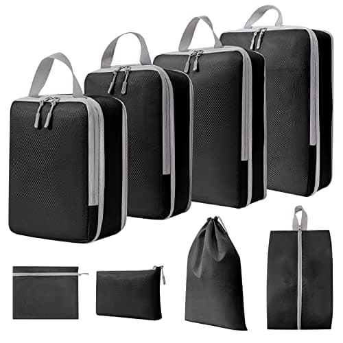 WOOMADA Compression Packing Cubes for Suitcases Travel Essentials 8 Set Expandable Travel Bags Organizer for Luggage(black) - Image 1