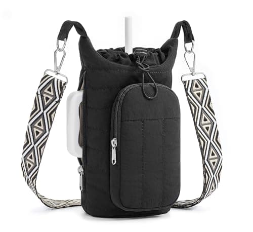 WOOMADA Water Bottle Holder Bag with Strap, 40/32 oz Crossbody Bag Gym Accessories, Sling Purses for Women(Black) - Image 1