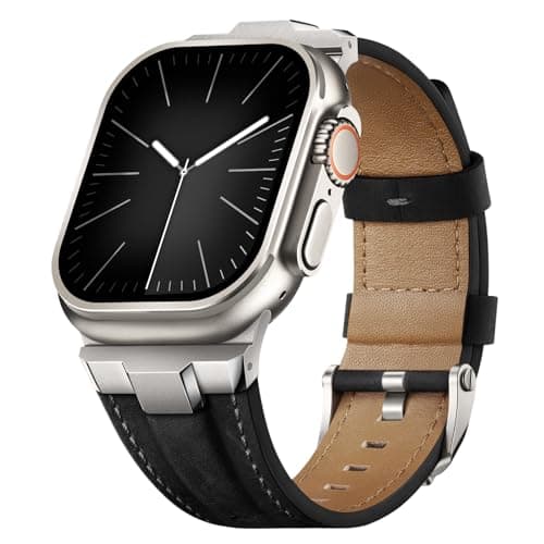 Suitisbest Leather Bands Compatible for Apple Watch Ultra Band 49mm 46mm 45mm 44mm 42mm, Genuine Leather Rugged Durable Matel Connector Strap for Women Men iWatch Ultra 10 9 8 7 6 5 4 3 SE - Image 1