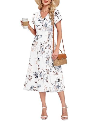 MOLERANI Womens V Neck Short Sleeve Floral Summer Midi Dress 2026 Waffle Knit Elastic Waist Pockets Cusual Cover Up Flowy A Line Dresses Wedding Guest Beach Vacation Resort Wear, New WT Flowers, 2XL - Image 1