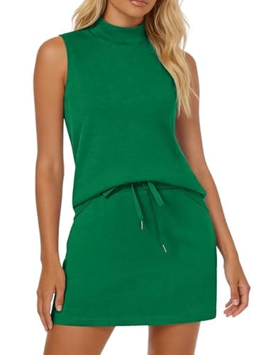 Casly Lamiit Womens 2 Piece Set Summer Tracksuits Tennis Skirts Country Concert Outfits for Women Mock Neck Sweatsuits Travel Beach Clothing Sets Green S - Image 1