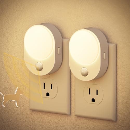 JandCase LED Motion Sensor Night Light, 2 Pack, Motion Activated Sensor Night Lights Plug into Wall, 3000K Warm White, Dimmable Nightlight with Dusk to Dawn Sensor for Kids Bathroom Hallway Bedroom