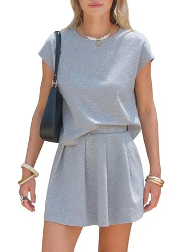 EXLURA Women Summer 2 Piece Sets Tennis Skirt Outfits Casual Cotton Cap Sleeve Tops Pleated Skorts Airport Travel Vacation - Image 1