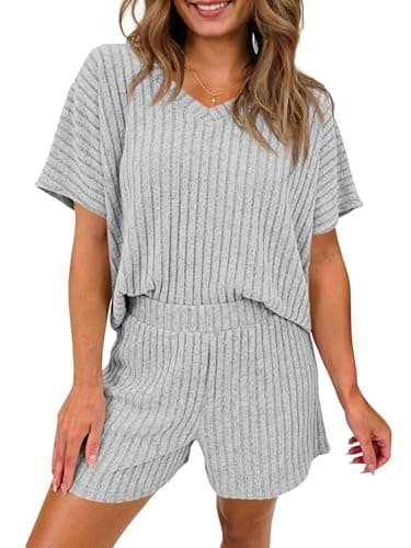 Tankaneo Womens 2 Piece Short Sets Lounge Outfits Summer Ribbed V Neck Short Sleeve Tops Casual Pajama Sets - Image 1